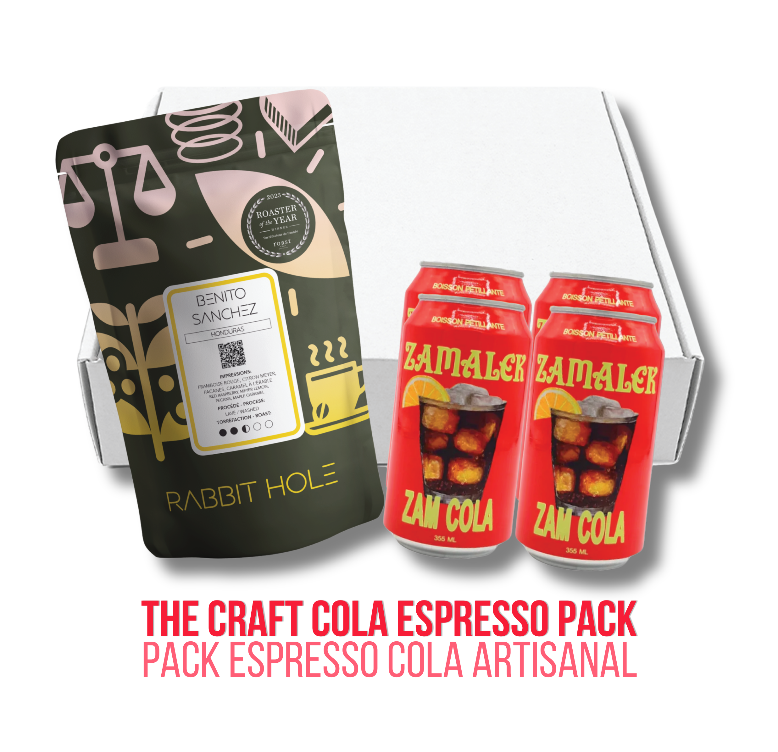 A gift-style product shot showing a Rabbit Hole coffee bag labeled BenIto Sanchez next to four red Zamalek Montreal craft cola cans, with a white box behind them and text below reading THE CRAFT COLA ESPRESSO PACK. Photo de produit style coffret cadeau montrant un sachet de café noir Rabbit Hole étiqueté Benito Sanchez à côté de quatre canettes de cola artisanal rouge Zamalek, avec une boîte blanche derrière eux et un texte ci-dessous indiquant PACK ESPRESSO COLA ARTISANAL.